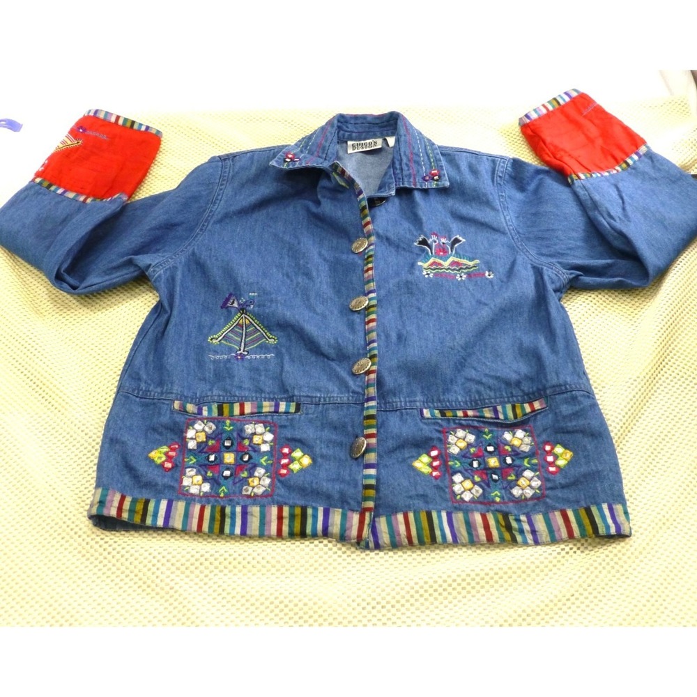 Chicos Design Embroidered Denim Jacket With Colorful Trim & Beading Size 0 Cotto